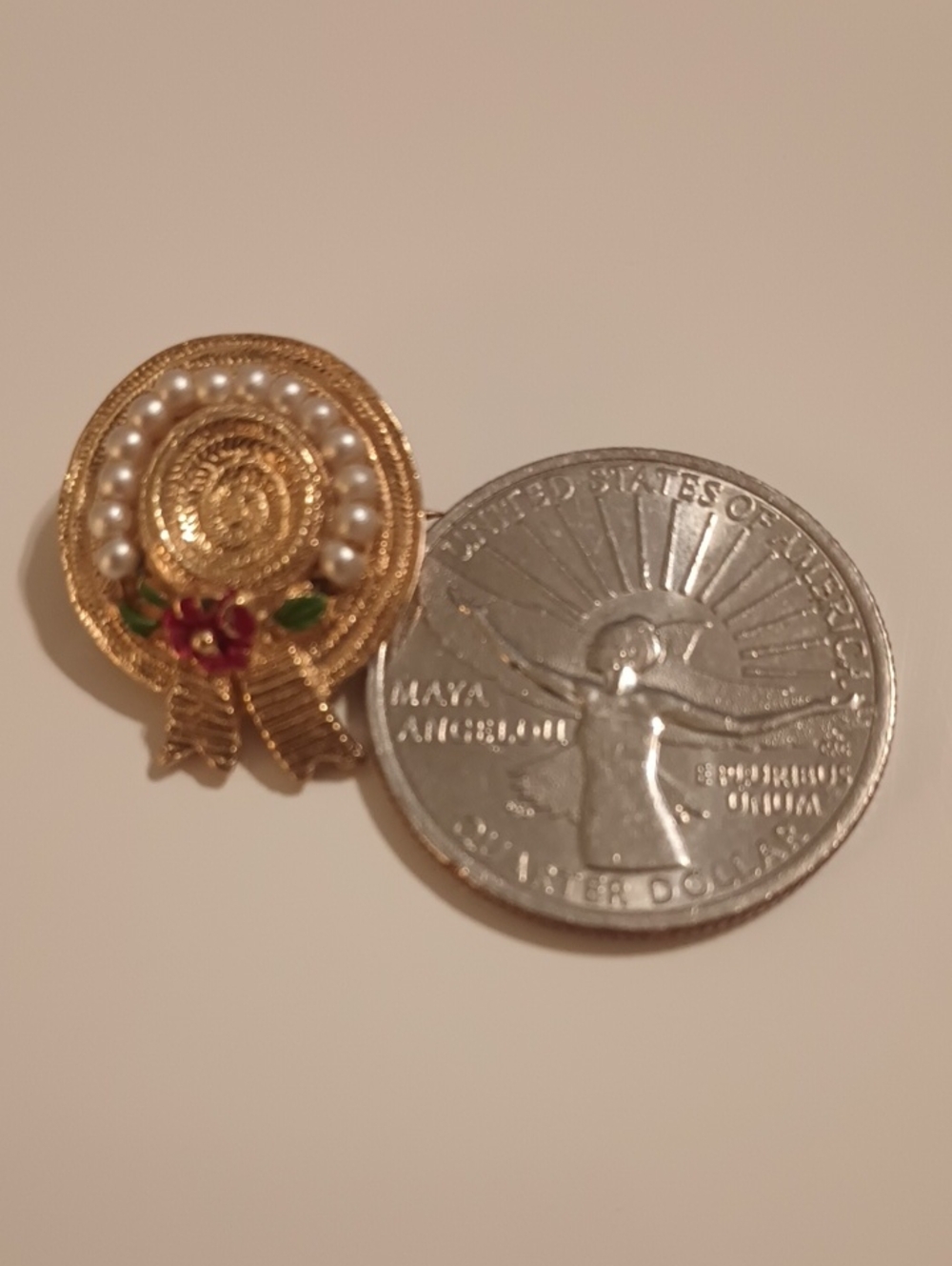Ciner Vintage Small Gold Tone Hat Brooch Pin with Pearl Trim